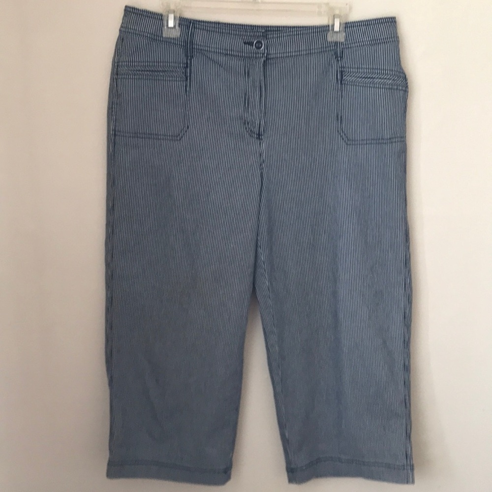 Blue and white striped Capri pants